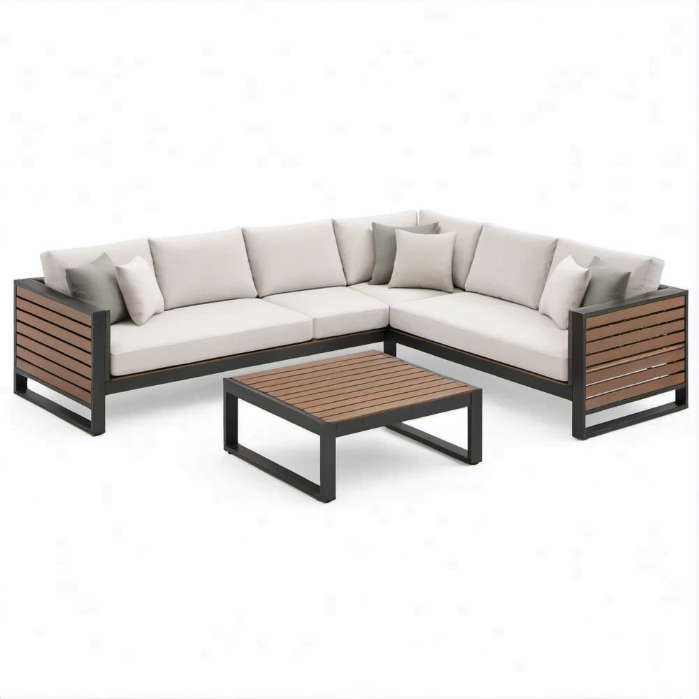 Gartenlounge in L-Form mit Couchtisch, Beige/Braun/Schwarz/Grau, 240 × 240 cm