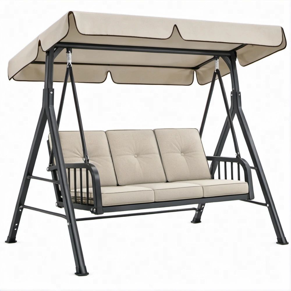 3-Sitzer-Gartenschaukel mit Sonnendach, Beige/Schwarz, 200 x 120 x 170 cm
