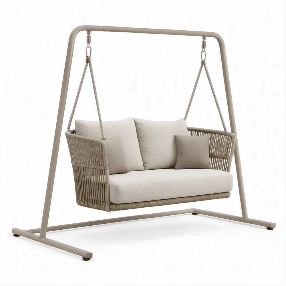 2-Sitzer Gartenschaukel Beige mit Stahlgestell, PE-Seilgeflecht und Polyesterkissen, 200 x 120 x 180 cm