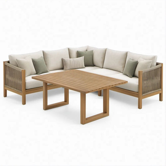 3-teiliges Ecksofa-Set in L-Form aus Akazienholz, 240 x 240 x 75 cm, mit Tisch 120 x 70 x 45 cm, Naturbraun/Beige/Cremeweiss/Salbeigrün