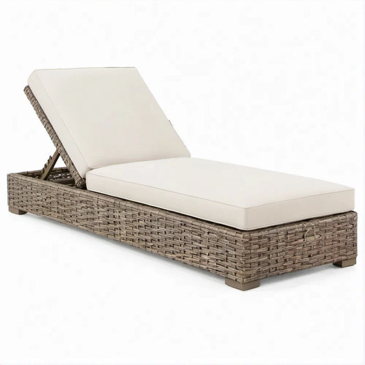 Verstellbare Gartenliege aus PE-Rattan und Stahl, Grau/Creme, 198 x 65 x 30 cm