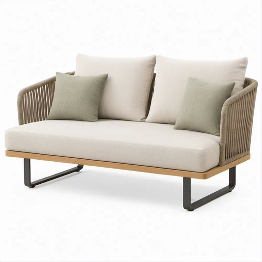2-Sitzer Gartensofa Beige mit Polyesterseil, Stahl und Akazienholz, 150 x 80 x 75 cm