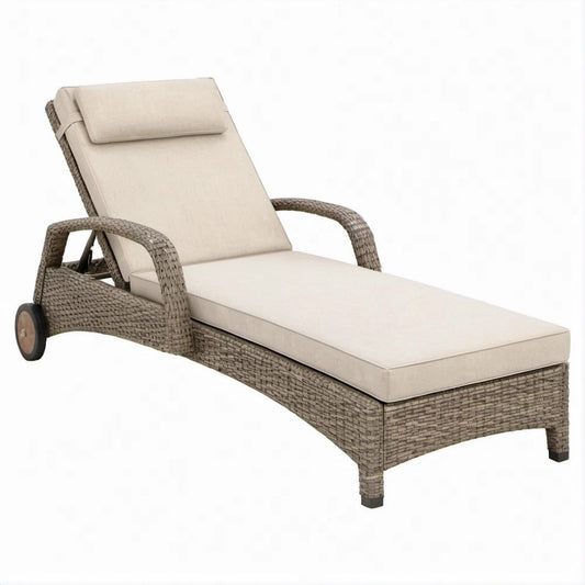 Verstellbare Gartenliege mit Rollen aus PE-Rattan und Aluminium, Taupe/Beige, 200 x 70 x 98 cm