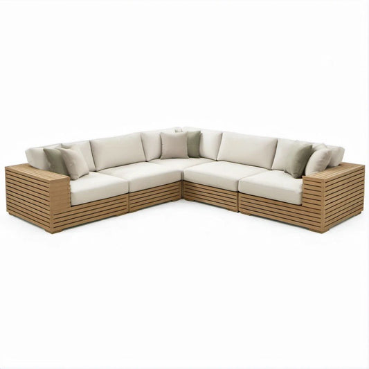 5-teilige Gartenlounge aus Akazienholz in L-Form, 330 x 240 x 76 cm, Naturbraun/Beige