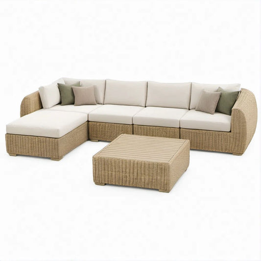 5-teiliges Garten-Lounge-Set in L-Form, Natur/Creme/Olivgrün/Taupe, 300 x 230 x 78 cm