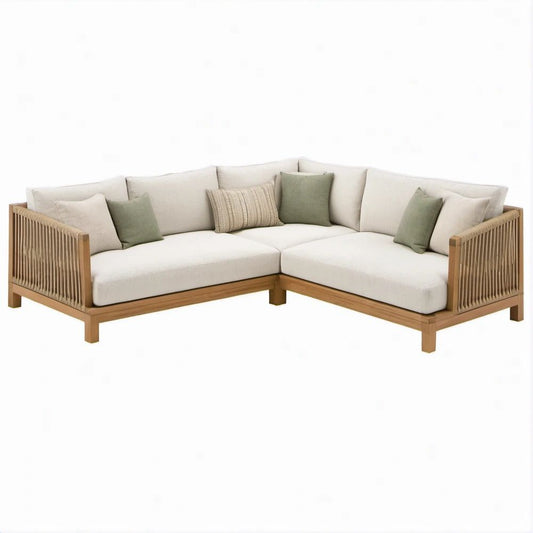 Garten-Lounge-Ecksofa in L-Form aus Akazienholz, Naturbraun/Creme, 250 x 250 x 76 cm