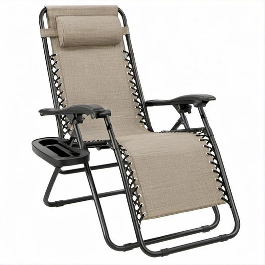 Klappbarer Relaxsessel Beige/Schwarz mit Kopfkissen und Getränkeablage, 172 x 65 x 110 cm