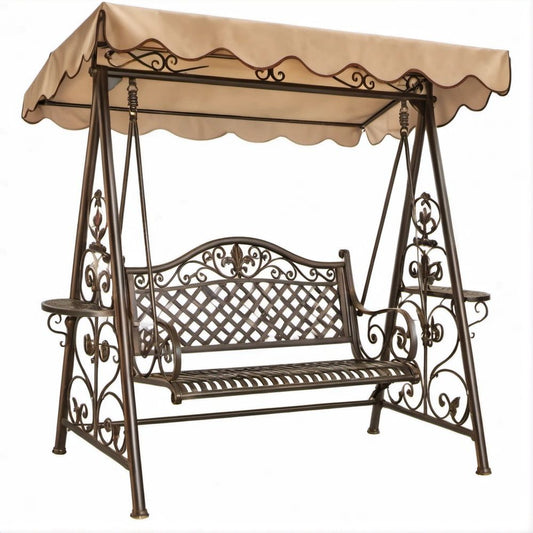 Hollywoodschaukel 3-Sitzer mit Sonnendach und Seitentischen, Dunkelbraun/Beige, 200 x 120 x 210 cm