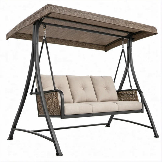 3-Sitzer Gartenschaukel mit Dach, Beige/Braun/Schwarz, 210 x 130 x 180 cm