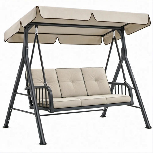 3-Sitzer-Gartenschaukel mit Sonnendach, Beige/Schwarz, 200 x 120 x 170 cm