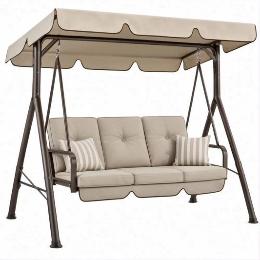 3-Sitzer Gartenschaukel mit Sonnendach, 200 x 120 x 170 cm, Beige/Braun