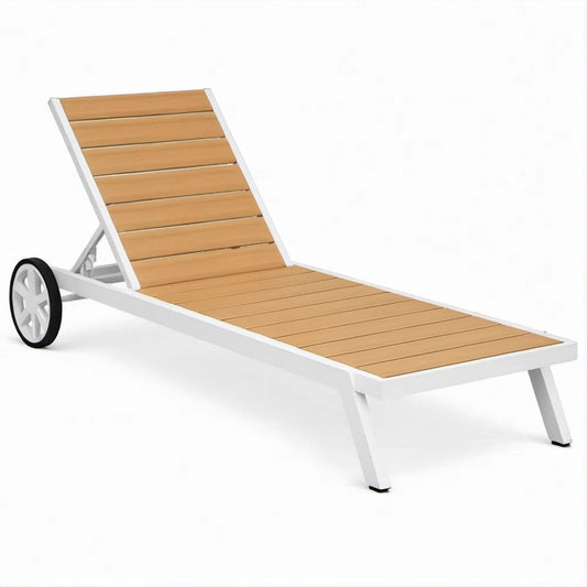 Verstellbare Gartenliege aus Aluminium und WPC, Weiss/Naturbraun, 200 x 65 x 32 cm, mit Rollen