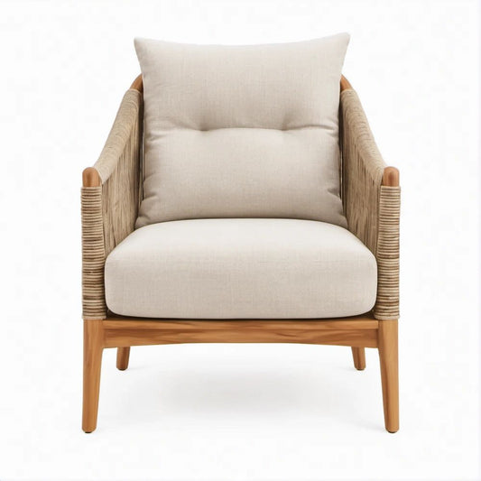 Sessel mit Armlehnen aus Teakholz und Seilgeflecht, Beige/Naturholz/Cremeweiss, 72 x 78 x 85 cm