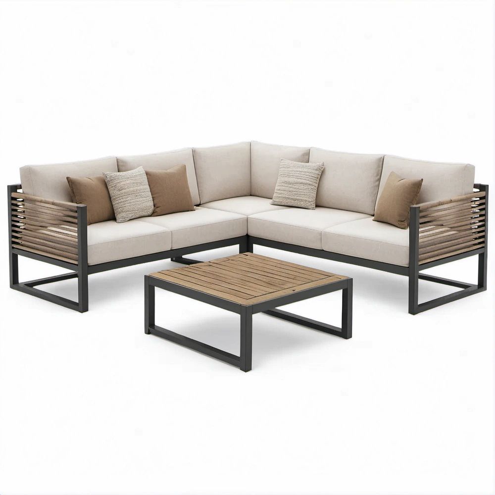 Garten-Ecklounge mit Couchtisch, Aluminium und Akazienholz, Beige/Braun/Schwarz, 200 × 200 × 75 cm