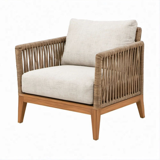 Gartensessel Naturbraun/Beige aus Teakholz und Polypropylen-Seil, 75 x 80 x 78 cm
