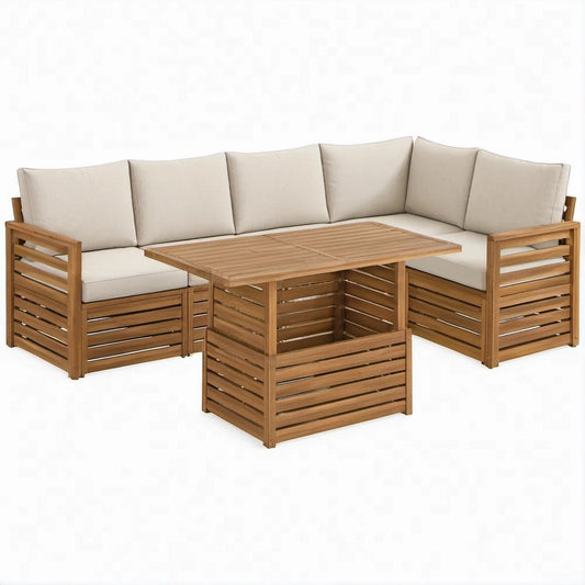 Gartenlounge in L-Form aus Akazienholz Naturbraun/Beige mit Tisch, 218 x 218 x 60 cm
