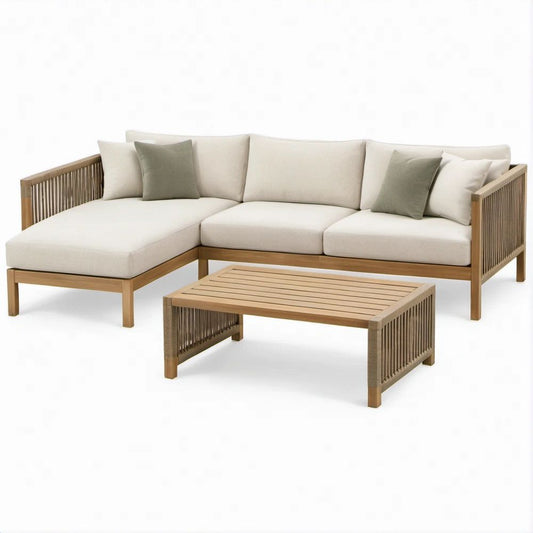 Gartenlounge in L-Form aus Akazienholz mit Kissen, Naturbraun/Taupe/Beige/Olivgrün, 245 x 165 x 70 cm