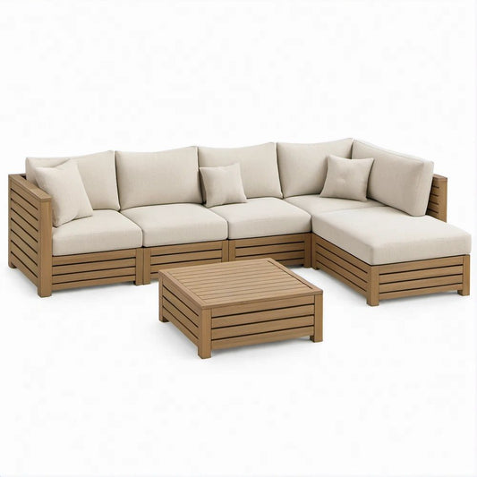 5-teilige Garten-Ecklounge aus Akazienholz, Naturbraun/Beige, 280 x 210 x 78 cm