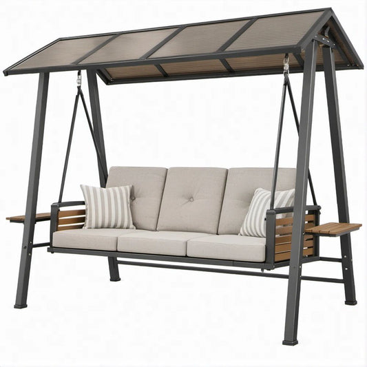 3-Sitzer-Gartenschaukel mit Dach, Anthrazit/Beige/Naturbraun, 240 x 130 x 200 cm