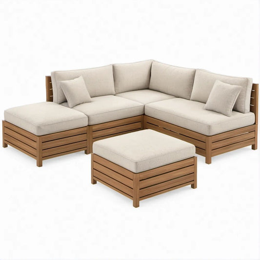4-teiliges Garten-Lounge-Set L-förmig aus Akazienholz, Naturbraun/Beige, 240 x 160 x 76 cm