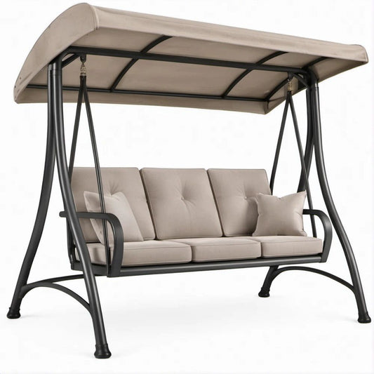 3-Sitzer Schaukelbank mit Dach, Beige/Schwarz, Stahl/Polyester, 200 x 120 x 170 cm