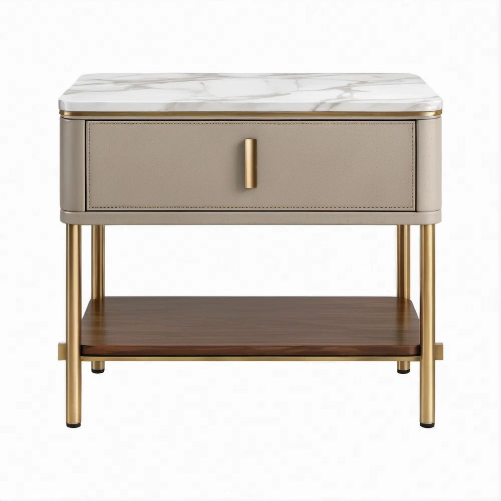 Nachttisch mit Schublade und Ablage, 50 x 40 x 60 cm, Beige/Weiss/Braun/Gold