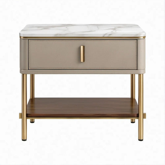 Nachttisch mit Schublade und Ablage, 50 x 40 x 60 cm, Beige/Weiss/Braun/Gold