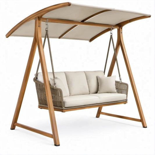 3-Sitzer-Gartenschaukel aus Eukalyptus-Massivholz Naturbraun/Creme/Taupe 220 x 130 x 200 cm